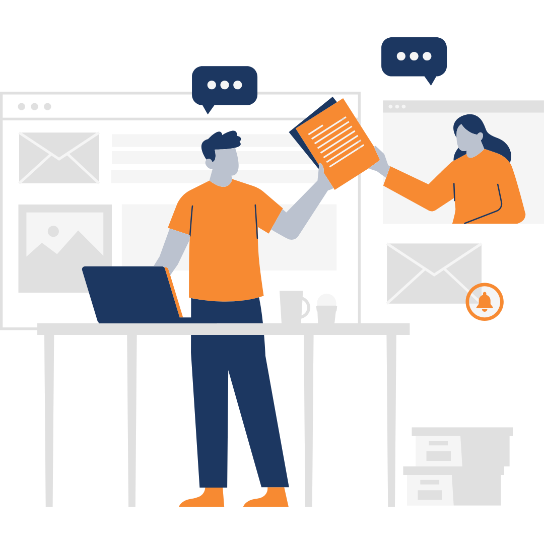 Graphic of a man standing at a desk as a woman hands him papers from a window Graphic of a man standing at a desk as a woman hands him papers from a window