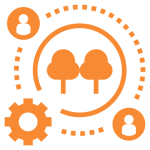 icon with orange circles encasing two trees with a gear and two people overlapping the circles