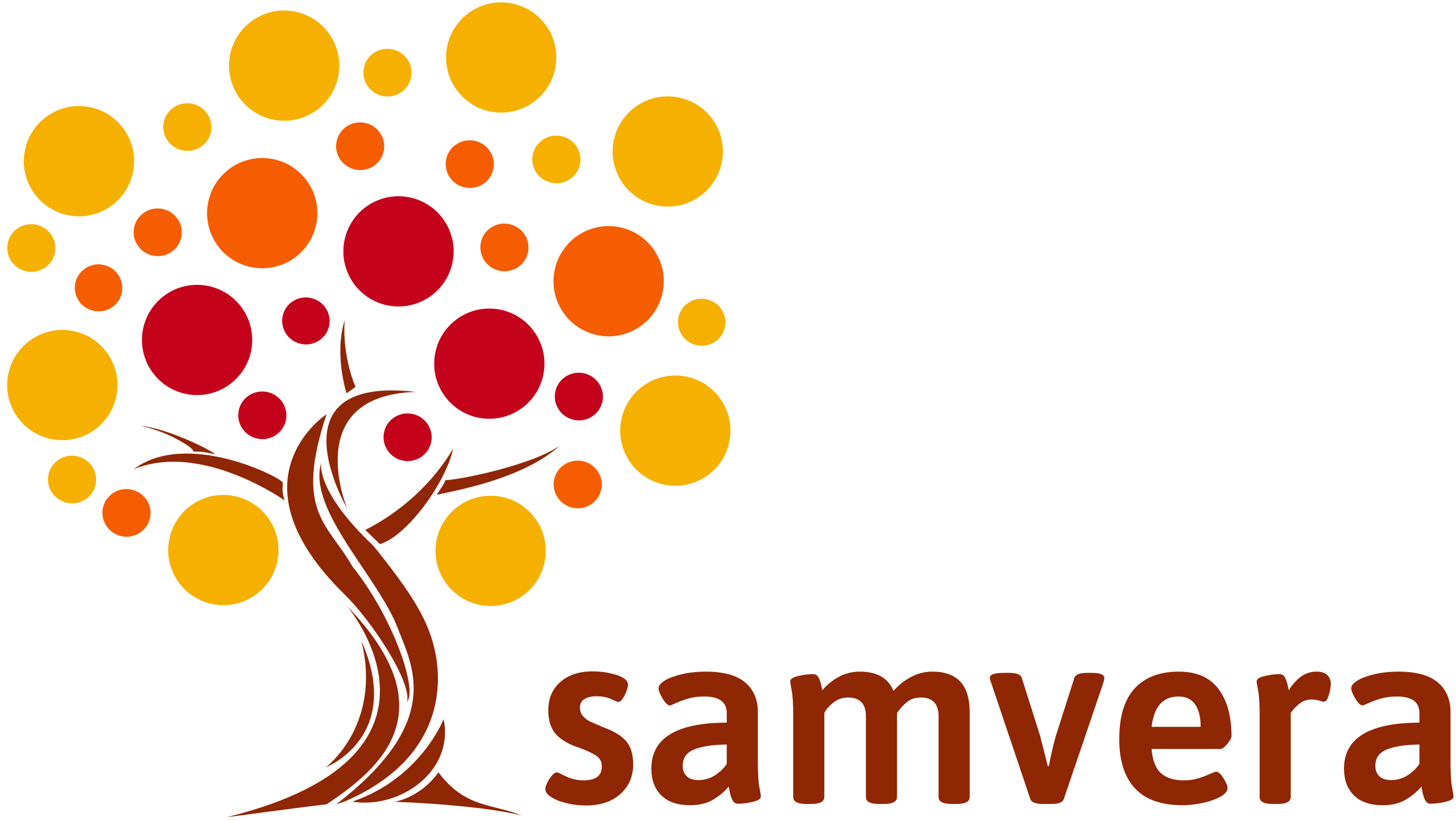 Samvera logo, depicting a tree illustration with a brown trunk and yellow, orange, and red circles of various sizes representing leaves.