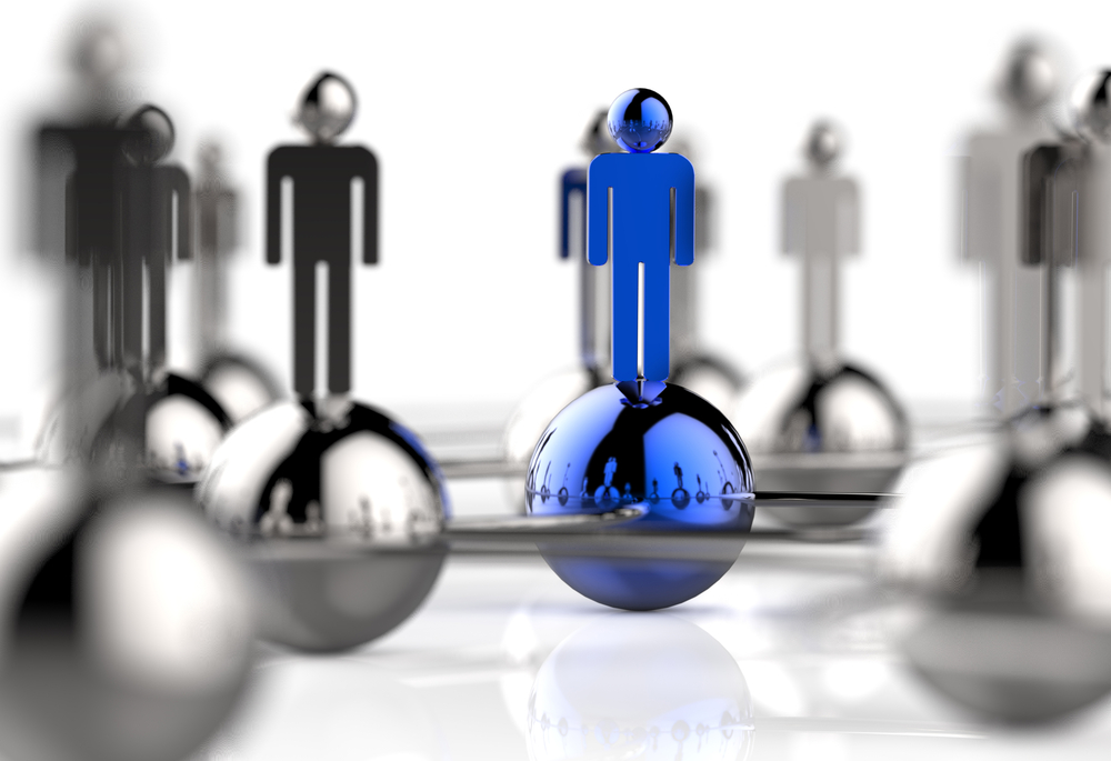 Graphic design of stainless steel people standing on spheres, representing a community or network